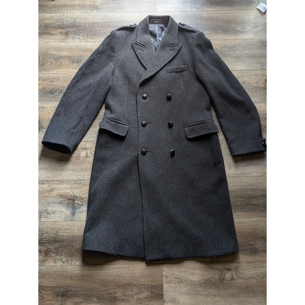 Men's Dark Charcoal Double Breasted Heavy Wool Overcoat Made in England Size 42L